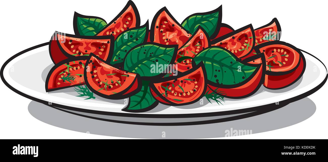 Illustration d'une salade de tomates fraîches avec des feuilles de basilic sur la plaque Illustration de Vecteur