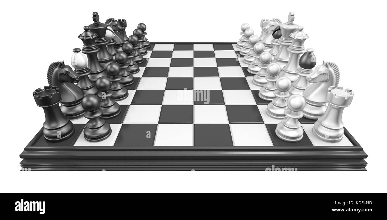 Conseil d'échecs avec toutes les pièces des échecs 3D render illustration isolé sur fond blanc Banque D'Images