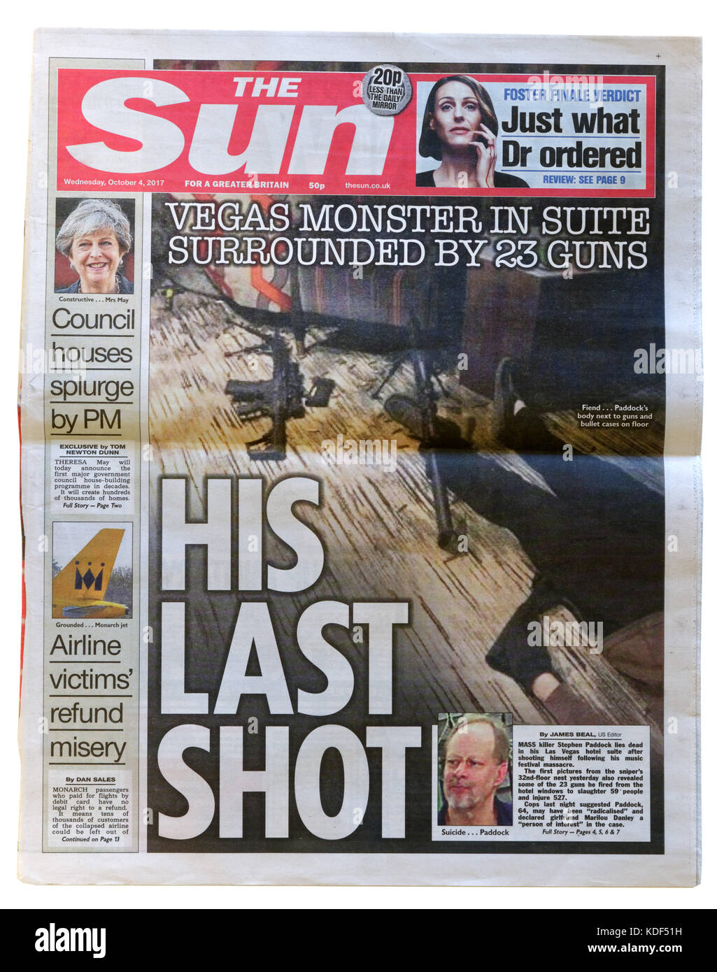 Le soleil gros titre de journal après la prise de masse de Las Vegas, le 1er octobre 2017, montrant le cadavre de Stephen Paddock dans sa chambre d'hôtel Banque D'Images
