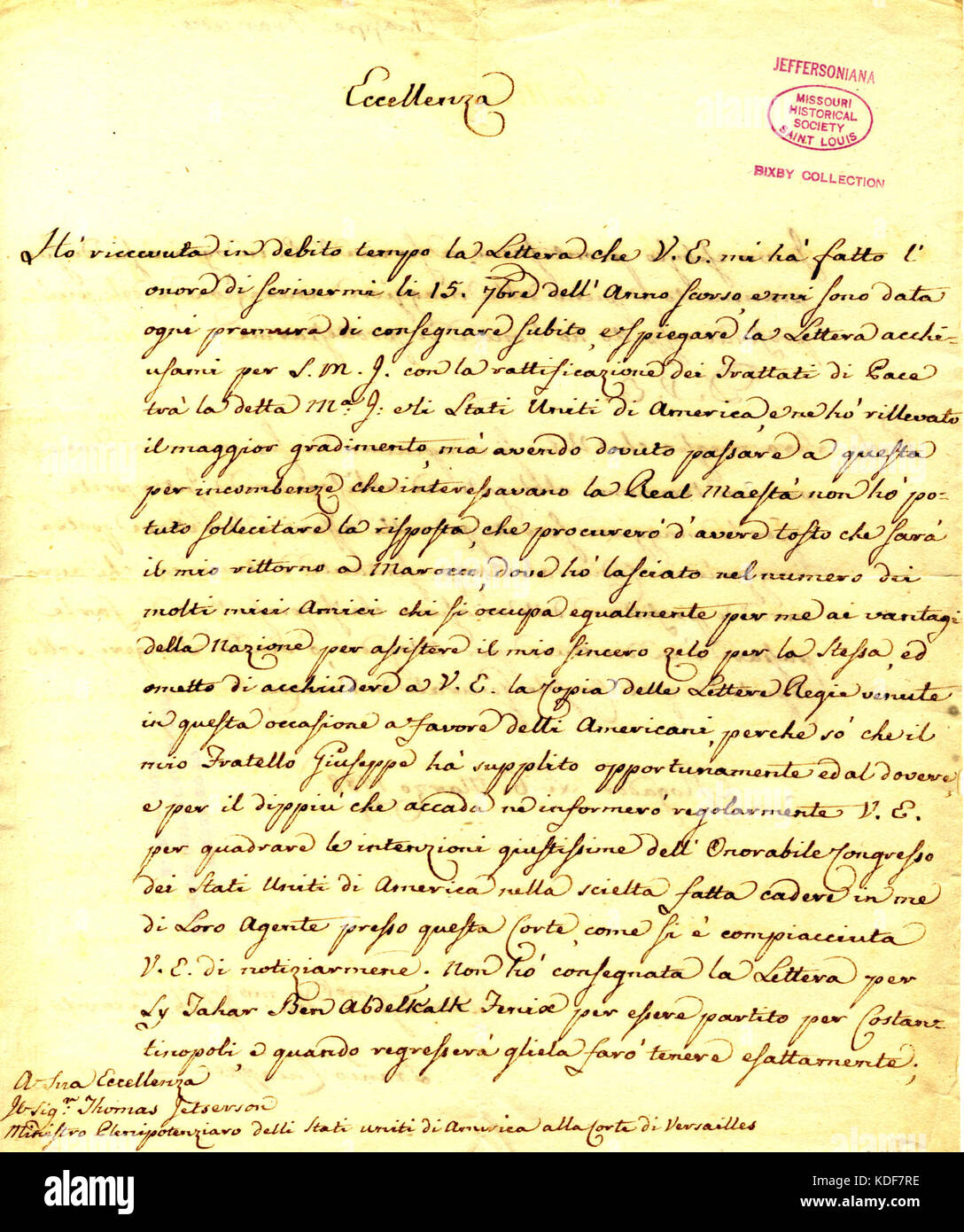 Lettre signée Francesco Chiappe, Mogador, à Thomas Jefferson, le 6 mars 1788 Banque D'Images