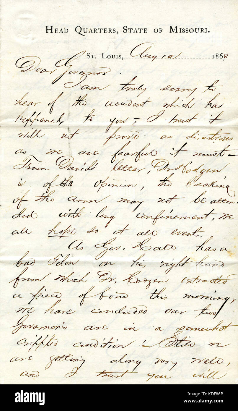 Lettre signée C.C. Bailey, Head Quarters, Etat du Missouri, Saint Louis, au gouverneur (Hamilton R. Gamble), Août 12, 1863 Banque D'Images