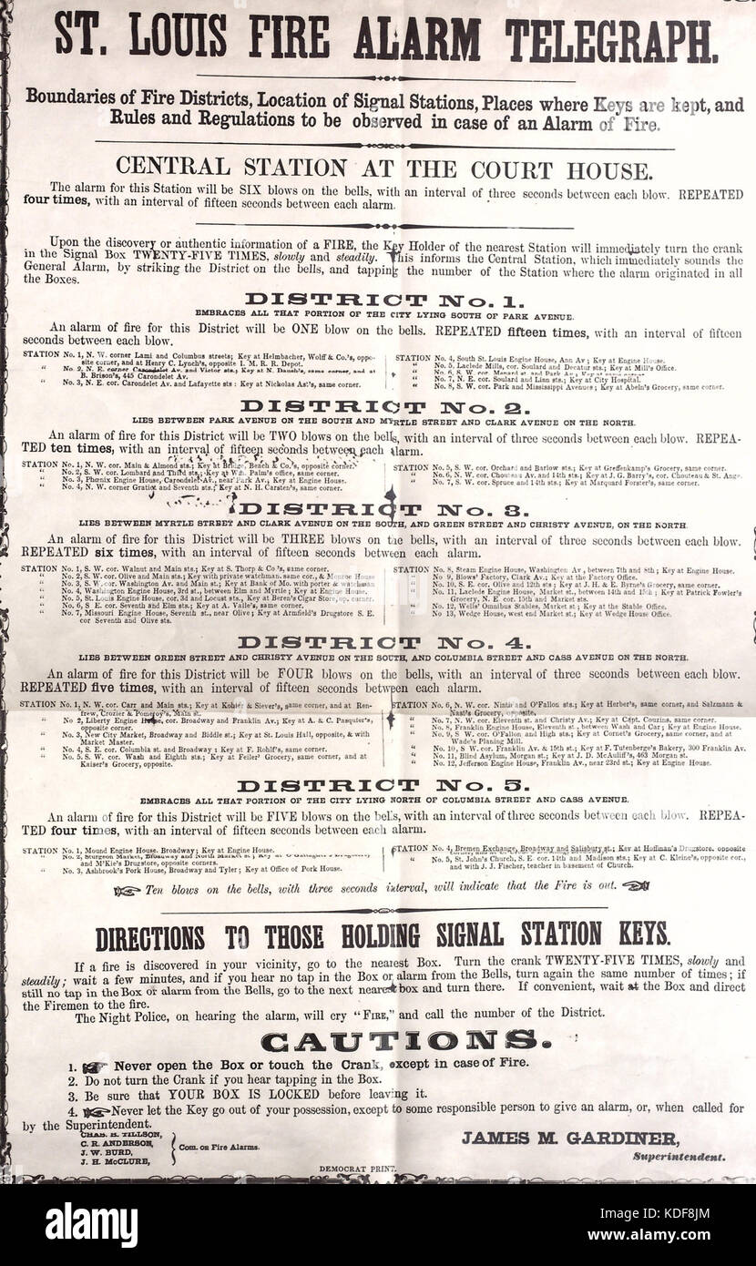 Placard St. Louis Telegraph (alarme incendie), photocopie, 22 février 1858 Banque D'Images