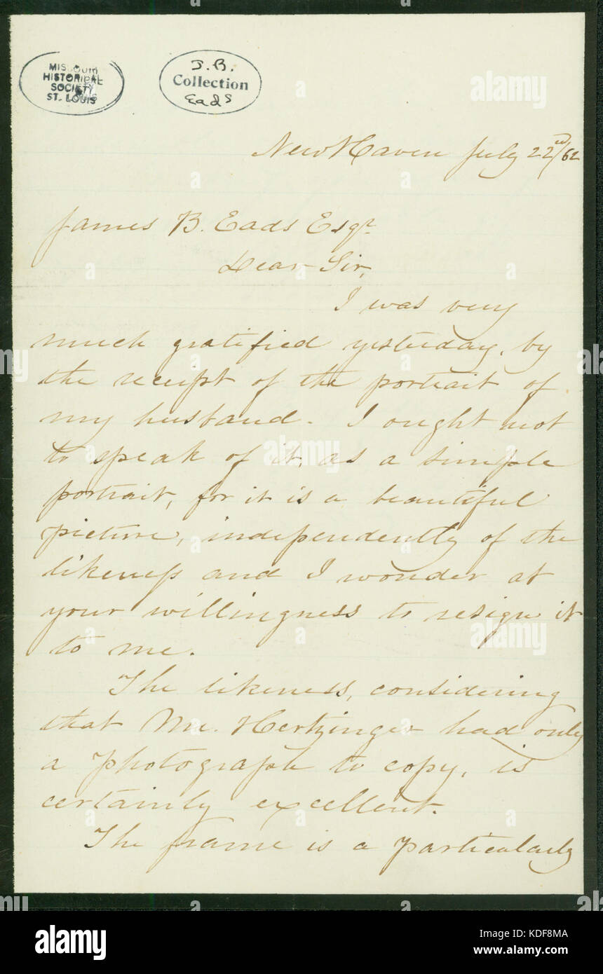 Lettre signée Caroline A. Foote, New Haven, à Jas. B. EADS (James B. EADS), Juillet 22, 1862 Banque D'Images