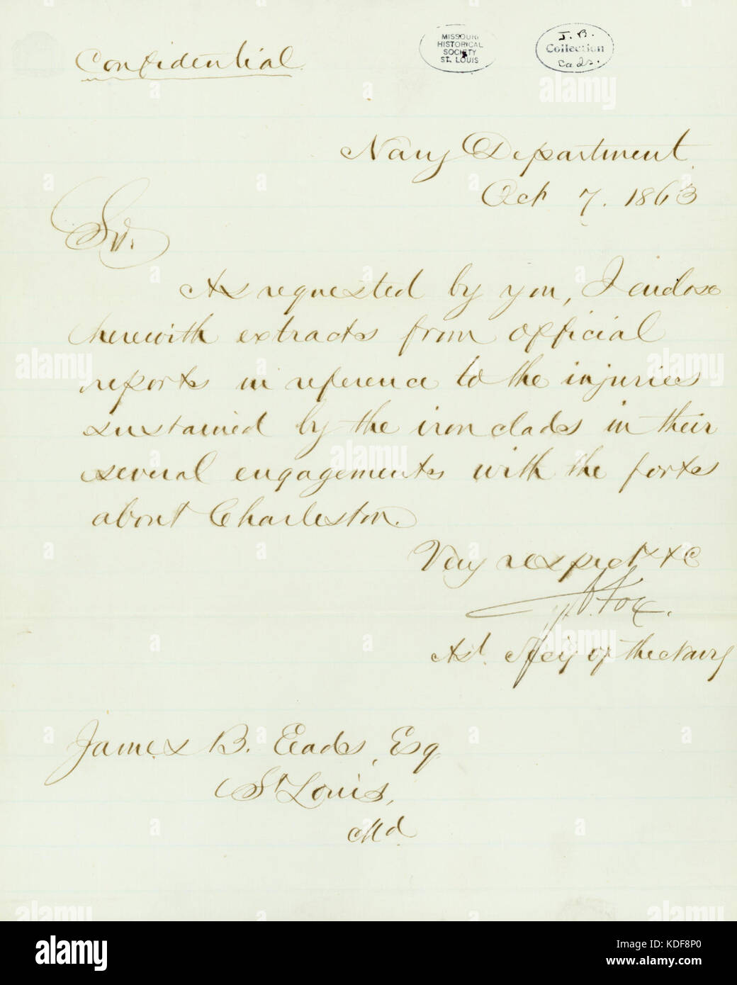 Cette lettre, signée par G.V. Fox du département de la Marine américaine, est adressée à James B. EADS, un éminent ingénieur américain. Il remonte au 7 octobre 1863, pendant la guerre de Sécession. Banque D'Images
