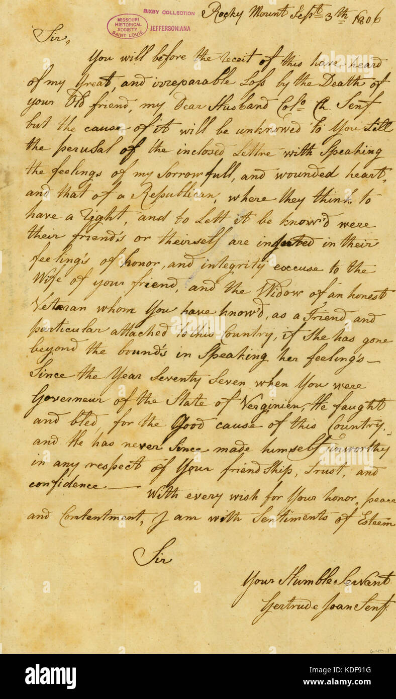 Lettre signée Gertrude Joan Senf, Rocky Mount, à Thomas Jefferson, le 3 septembre 1806 Banque D'Images