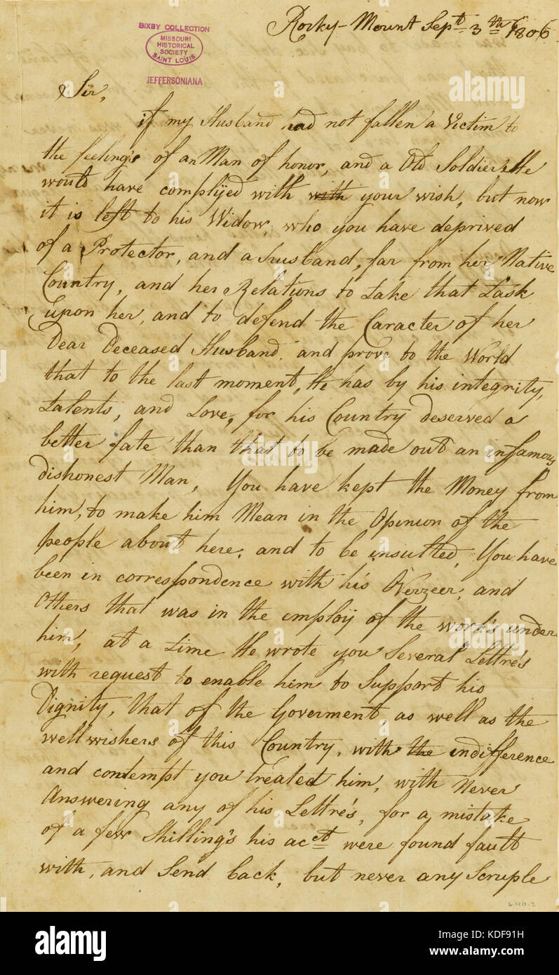 Lettre signée Gertrude Joan Senf, Rocky Mount, à Henry Dearborn, secrétaire de la guerre, le 1 septembre 1806 Banque D'Images