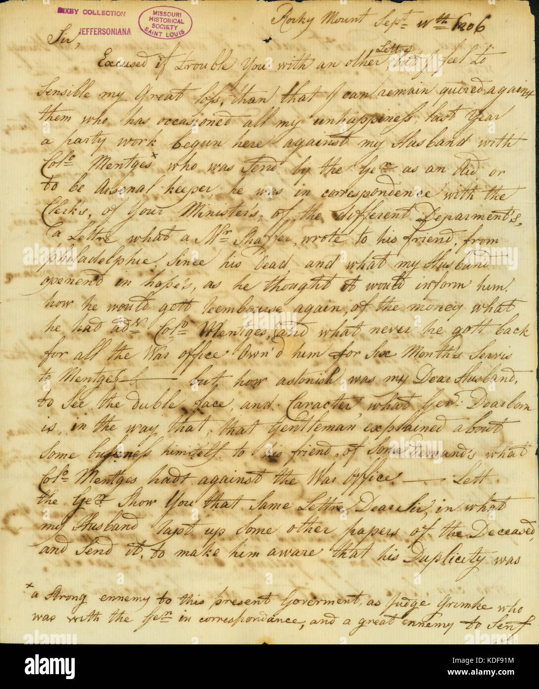 Lettre signée Gertrude Joan Senf, Rocky Mount, à Thomas Jefferson, le 11 septembre 1806 Banque D'Images