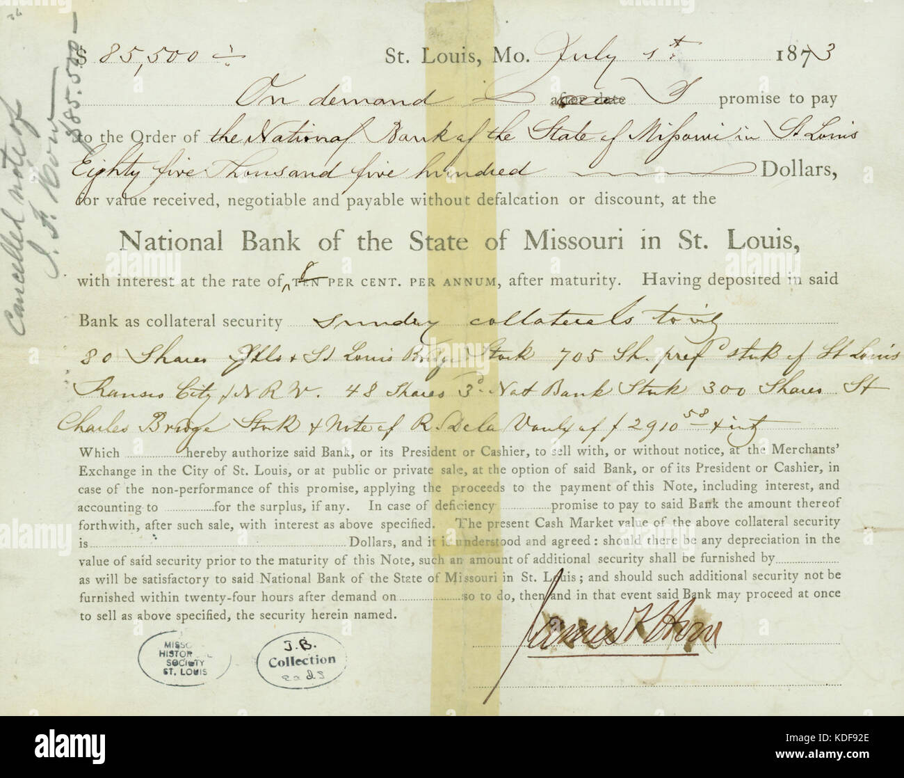 Prêt pour 85 500 $ de la Banque nationale de l'État du Missouri à St Louis à James F. Comment, le 1er juillet 1873 Banque D'Images
