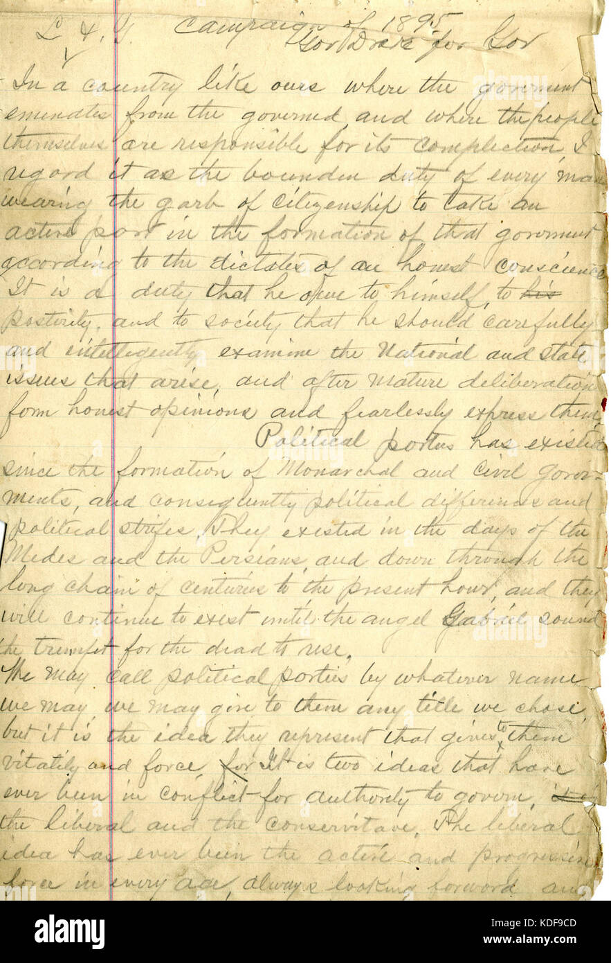 Ce manuscrit contient un discours de John O'Keefe en 1895, sur la structure et l'influence des partis politiques américains à la fin du XIXe siècle. Banque D'Images