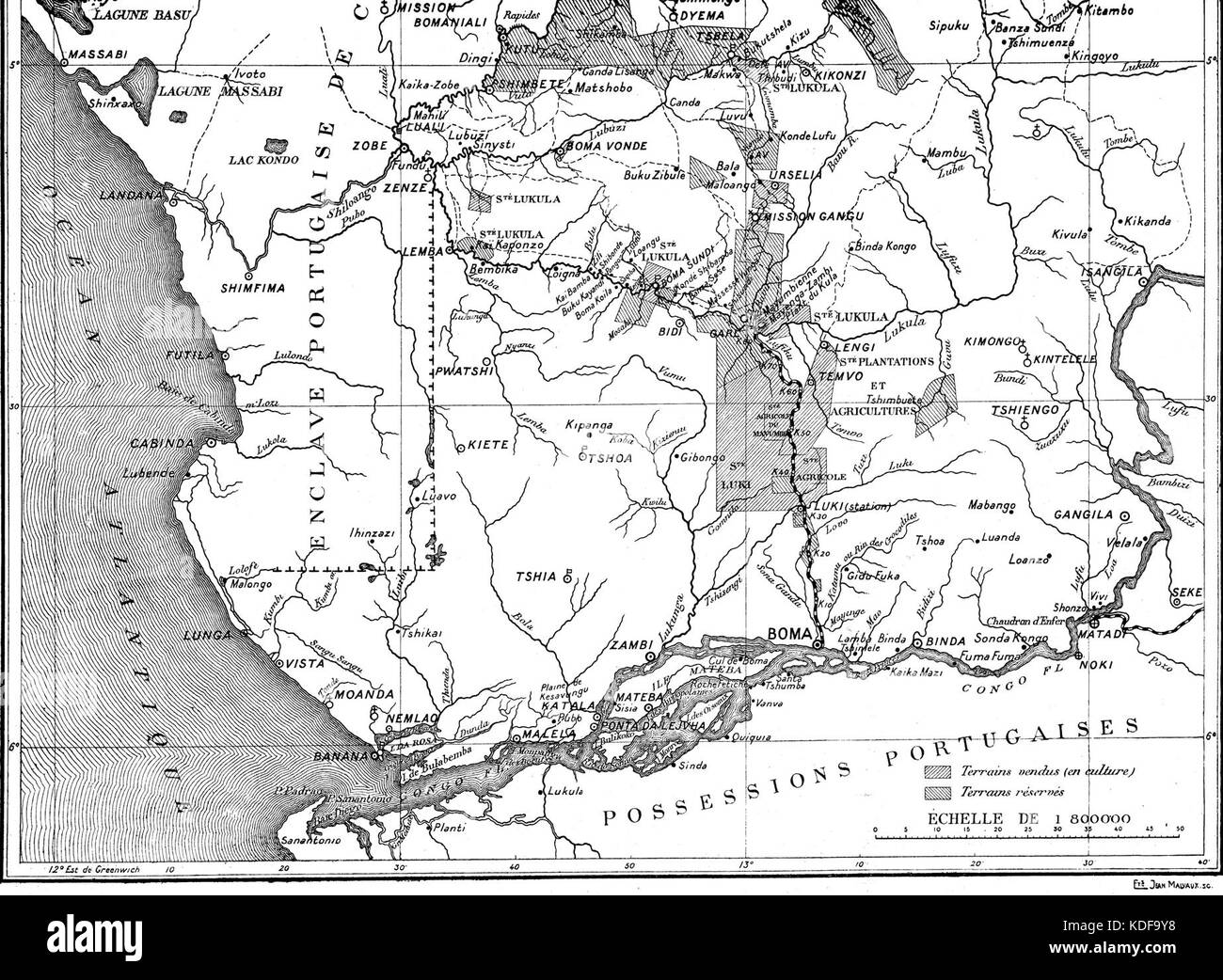 Kaart Bas Congo fait référence à une carte historique de la région du Bas-Congo, située en République démocratique du Congo. Il fournit un aperçu de la disposition géographique et des caractéristiques de la zone pendant une période donnée. Banque D'Images