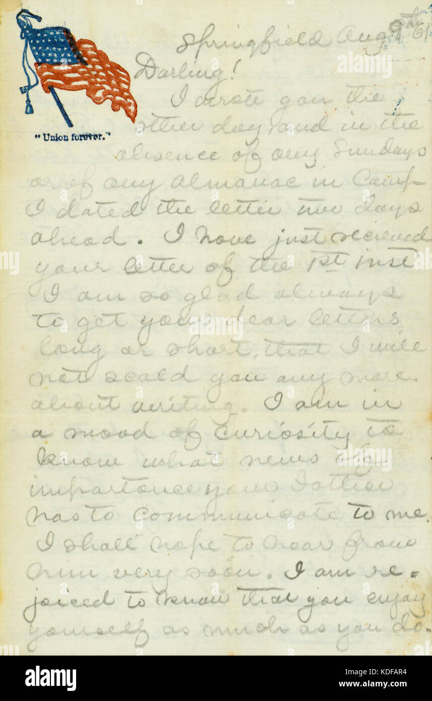 Lettre de L. L. J. (Jones), Springfield, à son épouse, le 9 août 1861 Banque D'Images