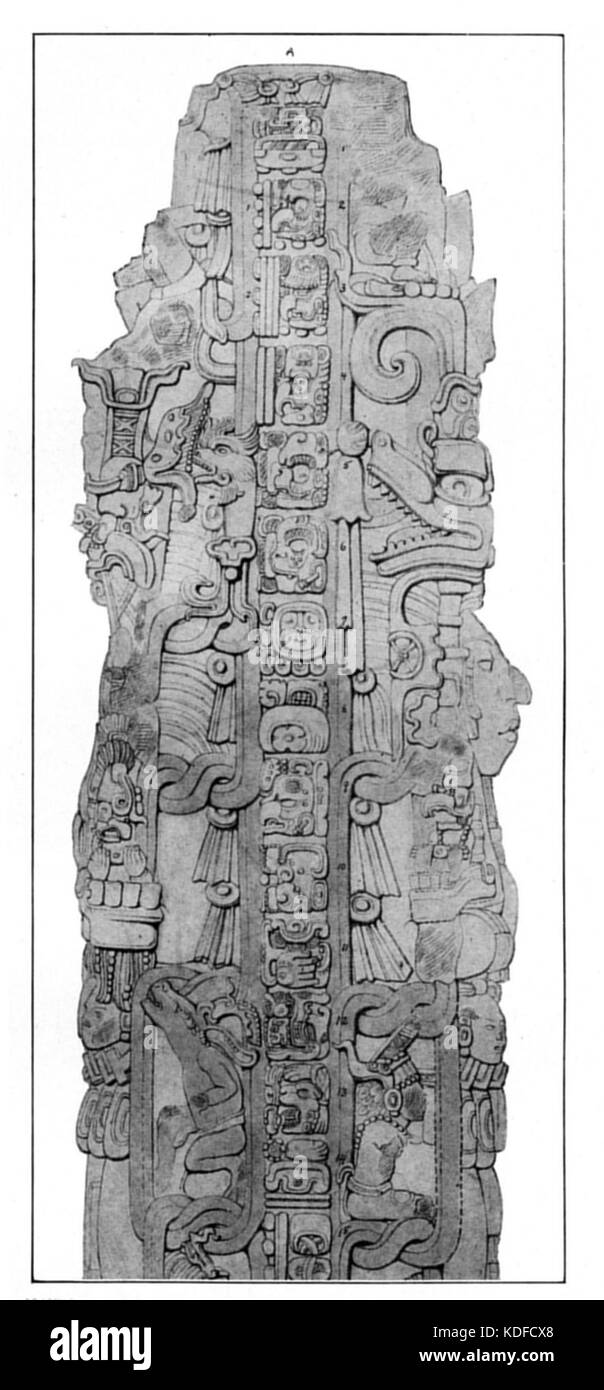 Cette plaque tirée d'une publication historique présente des hiéroglyphes mayas, élément essentiel de la culture maya antique. Les hiéroglyphes ont été utilisés pour la tenue de registres, les rituels et la narration, reflétant la complexité des systèmes d'écriture mayas. Banque D'Images