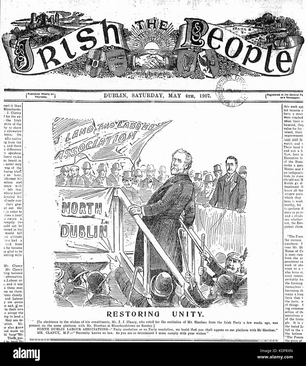 Cet appel à l’unité se concentre sur le lien entre la terre et le travail, soulignant l’importance de l’action collective dans les secteurs agricole et industriel. Il représente un appel historique à l'unité sociale et économique. Banque D'Images