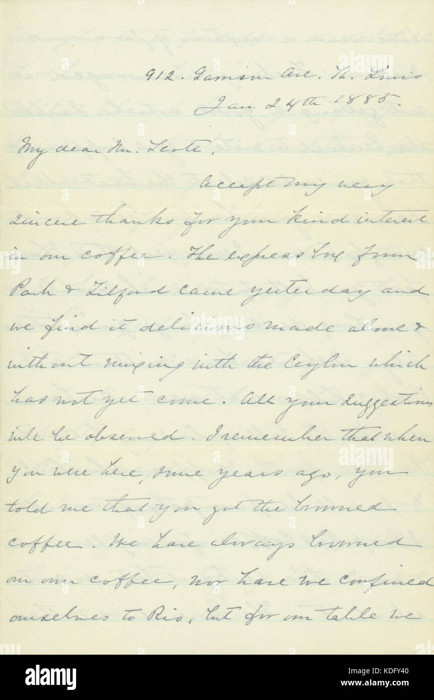 Lettre signée Ellen Ewing Sherman, 912, avenue de la garnison, Saint Louis, à (William) Scott, New York, janvier 24, 1885 Banque D'Images