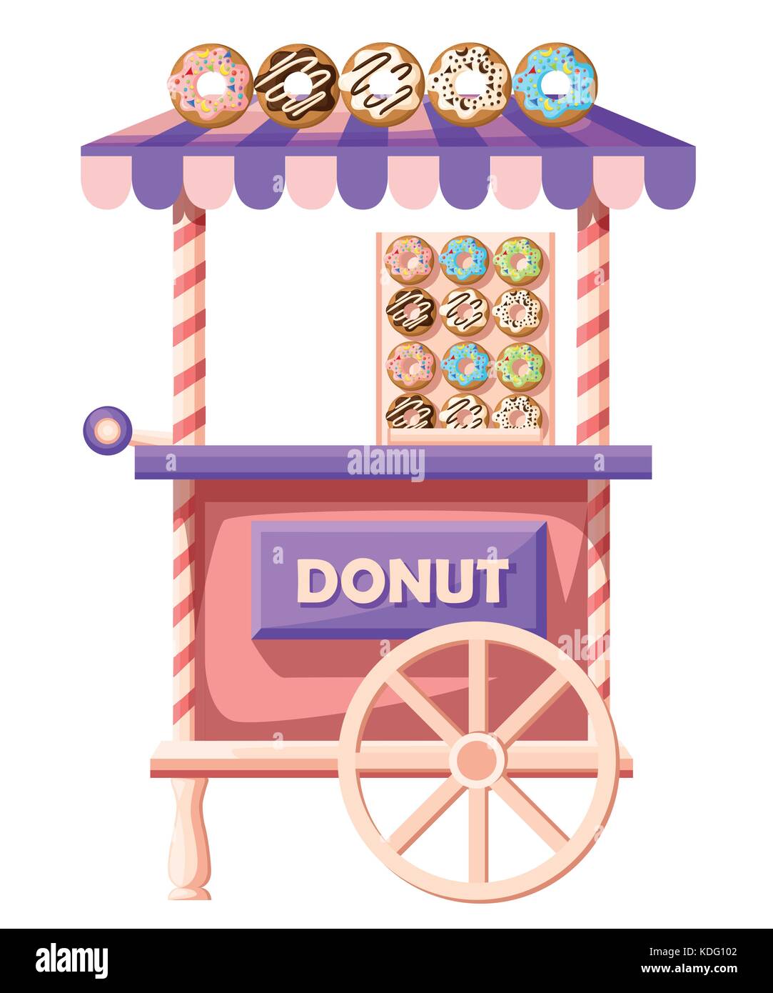 Modèle plat vector illustration of donuts. voiture rétro mobile vintage shop truck icône avec pancarte à gros donut avec glaçage savoureux. van vue latérale, iso Illustration de Vecteur