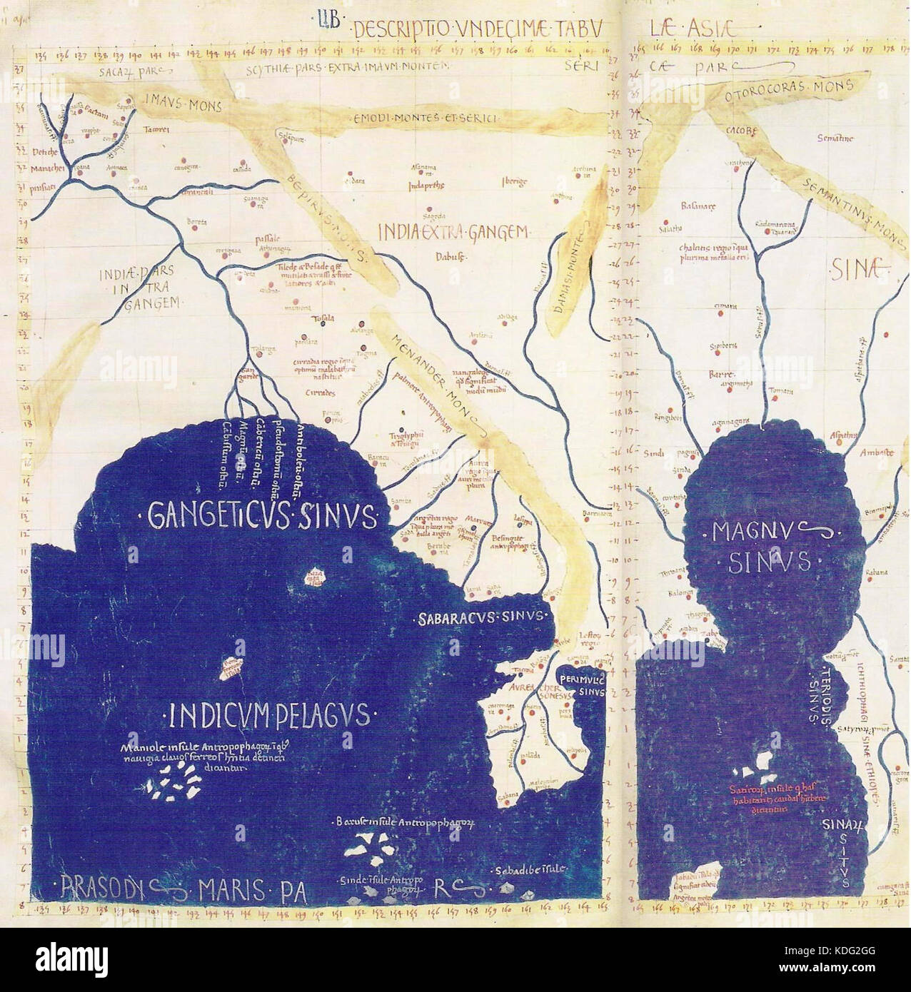 Une carte détaillée de l'Asie de la géographie du monde antique de Ptolémée, illustrant la représentation de la région dans l'antiquité classique. La carte est un artefact important dans l'histoire de la cartographie et de l'exploration géographique. Banque D'Images