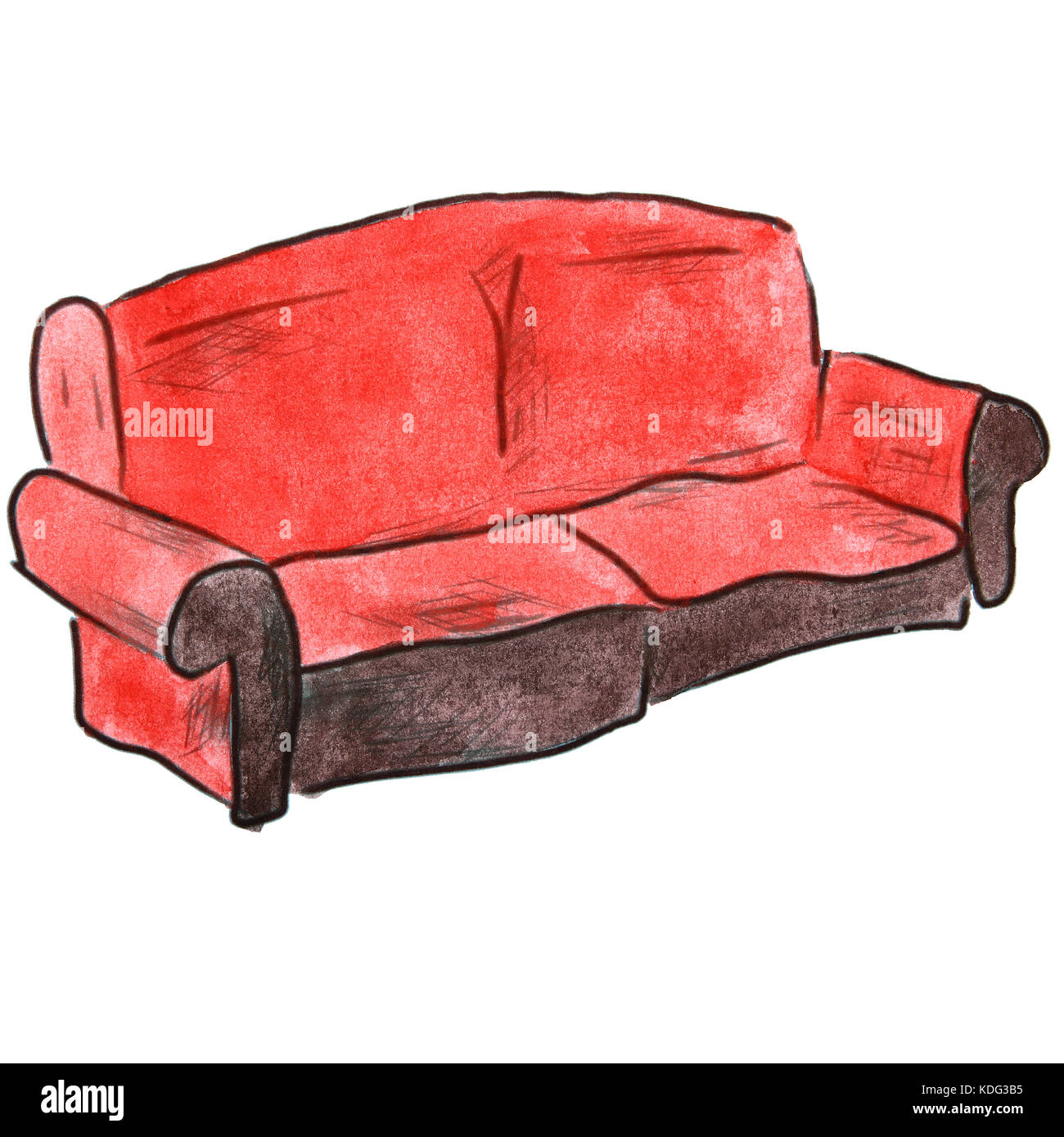 Aquarelle Dessin caricature canapé rouge isolé sur fond blanc Banque D'Images