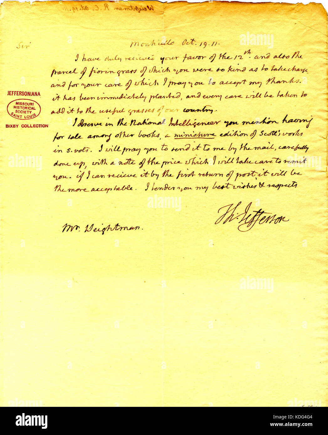 Cette lettre, signée par Thomas Jefferson le 19 octobre 1811, était adressée à Robert C. Weightman. Écrit à partir de la résidence de Jefferson à Monticello, il offre un aperçu de ses pensées et de sa correspondance pendant sa présidence, mettant en valeur l'importance historique de ses communications personnelles. Banque D'Images Cette lettre, signée par Thomas Jefferson le 19 octobre 1811, était adressée à Robert C. Weightman. Écrit à partir de la résidence de Jefferson à Monticello, il offre un aperçu de ses pensées et de sa correspondance pendant sa présidence, mettant en valeur l'importance historique de ses communications personnelles. Banque D'Images