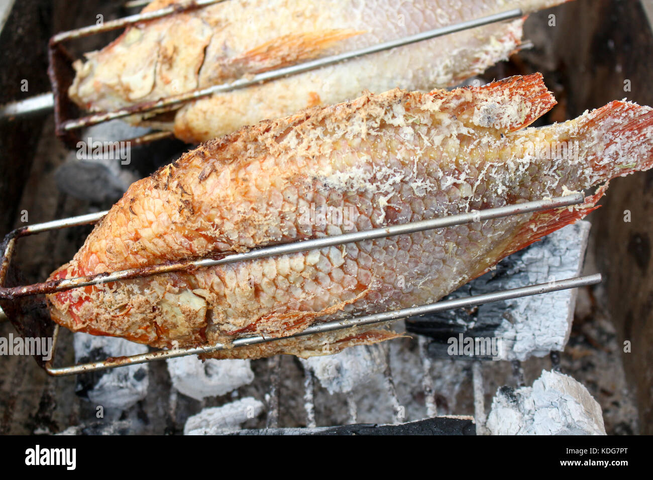 Les poissons grillés en croûte de sel thaï /sel poisson cuit au four sur l'alimentation de rue en Thaïlande Banque D'Images