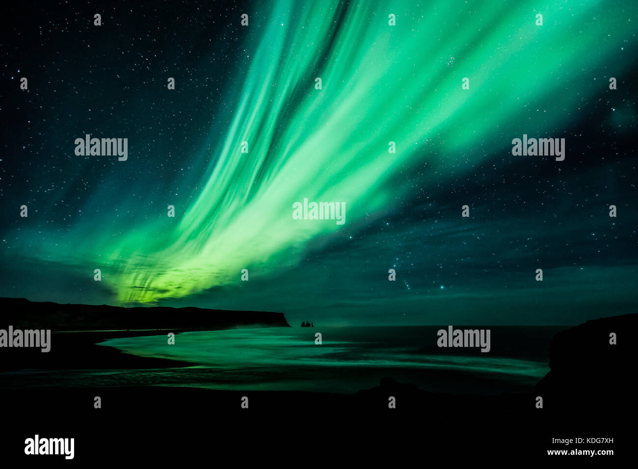 Northern Lights (aurores boréales) sur Vik de Dyrhólaey, Islande Banque D'Images
