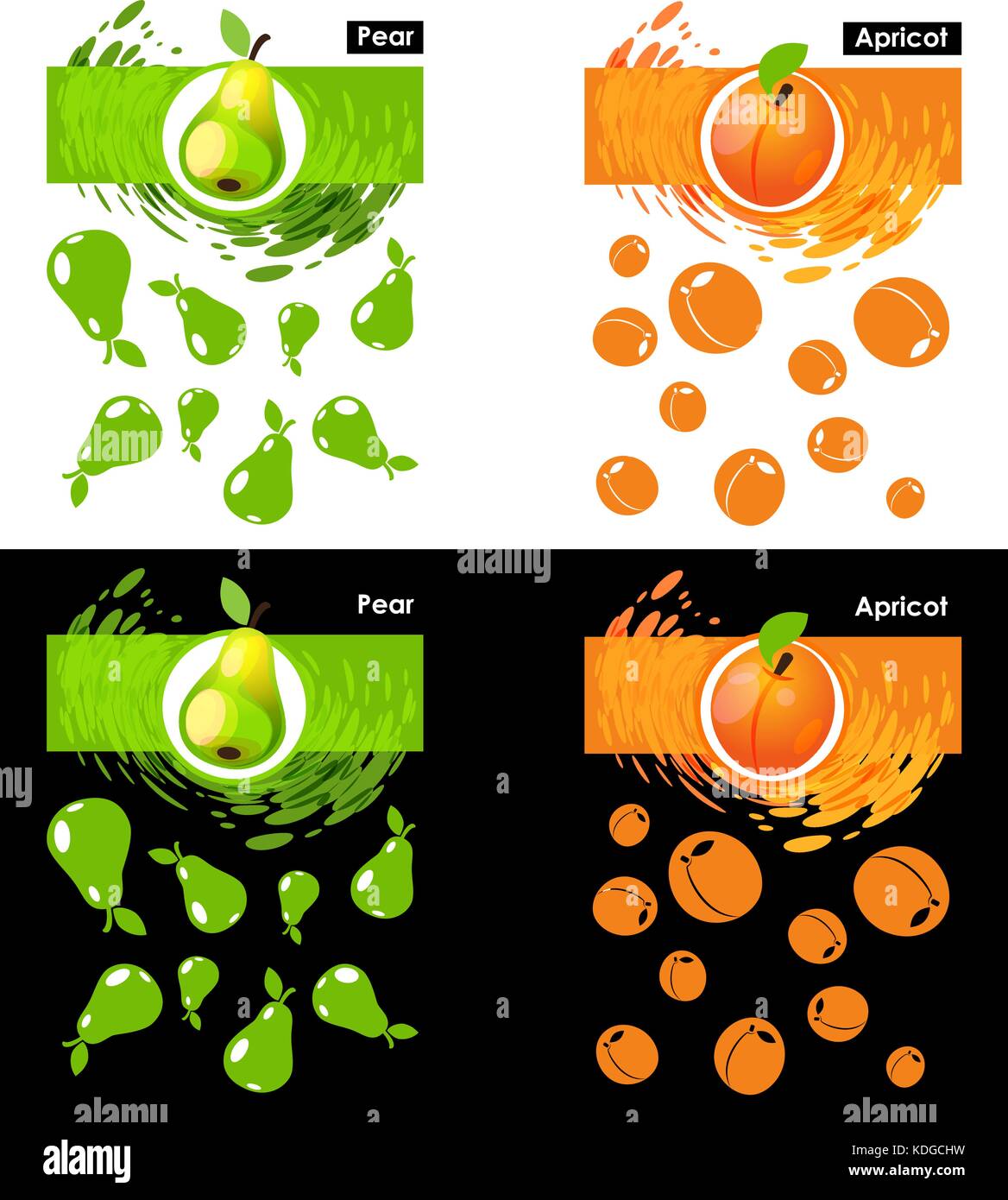 Définir l'icône étiquette de poire et d'abricot fruits sur le blanc et le noir, motif poire et d'abricot, toile de projection Illustration de Vecteur