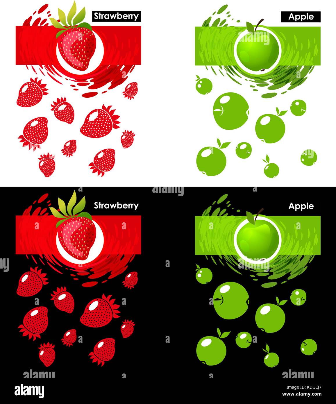 Libellé de l'icône de la pomme et de la fraise sur le blanc et le noir, motif fraise et pomme, toile de projection Illustration de Vecteur