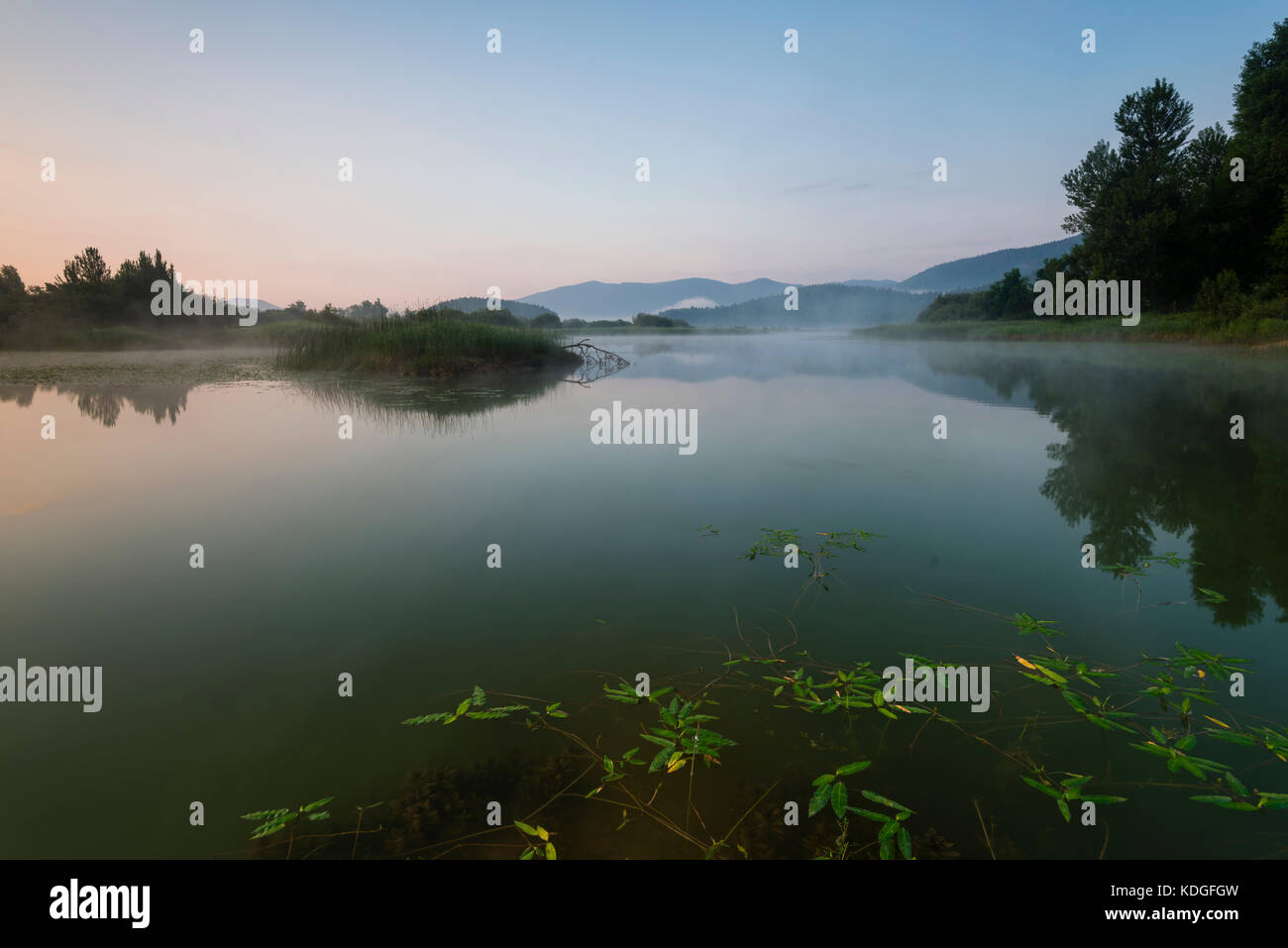 Lever du soleil à l'zirknitz lake, cerknisko jezero, plus malades, bassin du lac zirknitz, réserve naturelle de Rakov Škocjan, Slovénie Banque D'Images