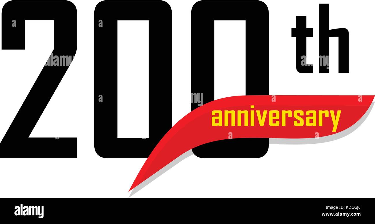 200e anniversaire résumé logo vector. Deux handred joyeux anniversaire jour icône. numéros noirs witth forme boomerang rouge avec texte jaune 200 ans. Illustration de Vecteur