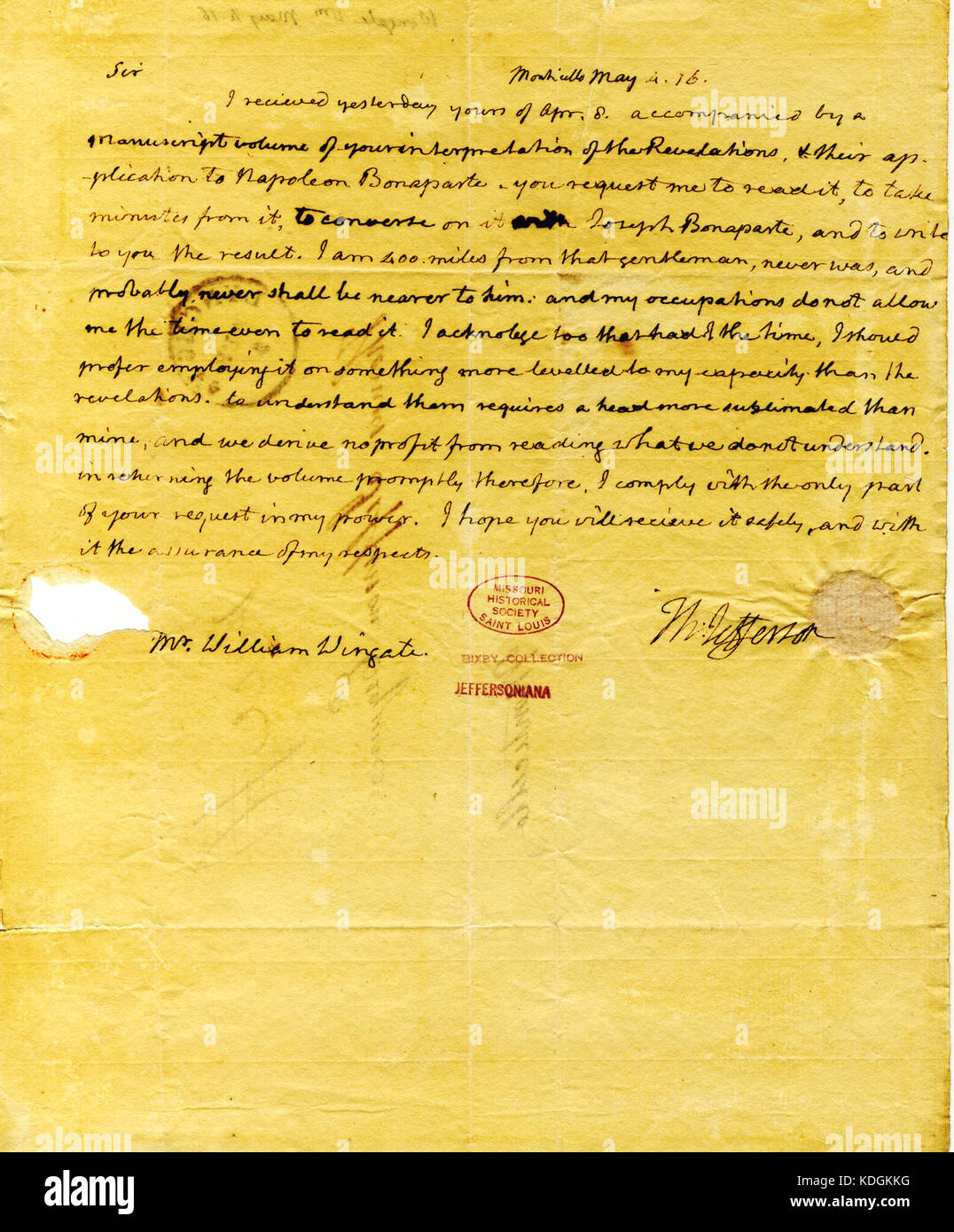 Lettre signée Thomas Jefferson, Monticello, à William Wingate, le 4 mai 1816 Banque D'Images