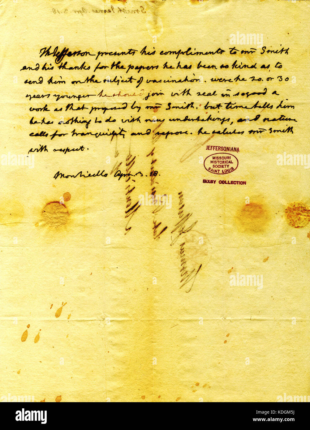 Lettre signée Thomas Jefferson, Monticello, à James Smith, le 3 avril 1818 Banque D'Images