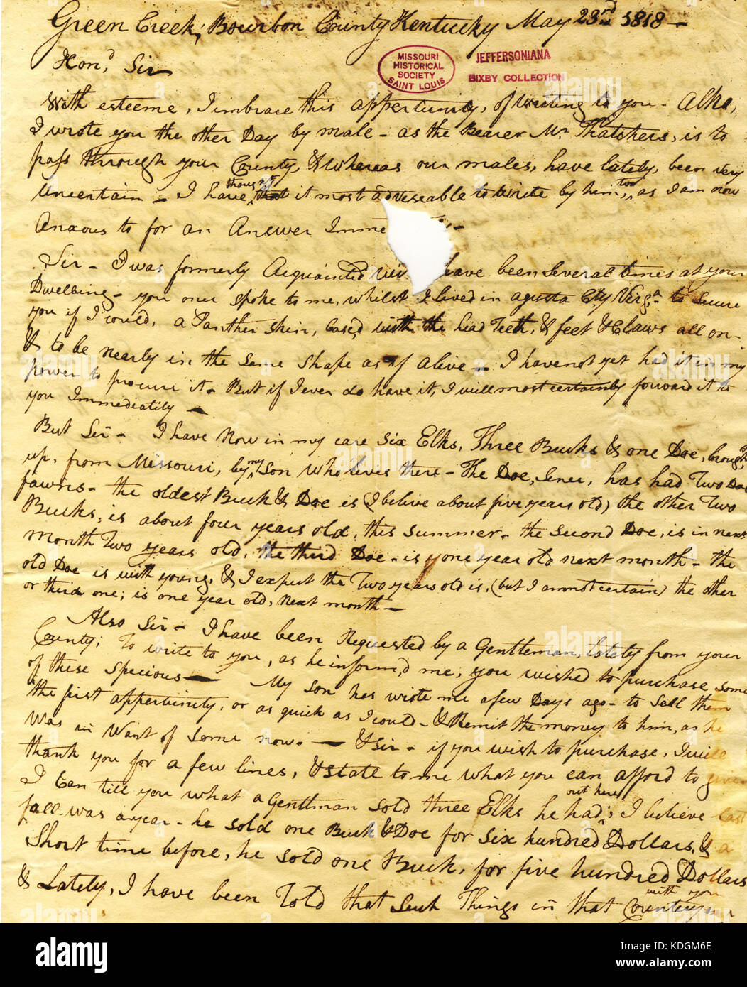 Lettre signée John McKinney, Green Creek, Bourbon County (Kentucky), à Thomas Jefferson, Albemarle County, Virginie, le 23 mai, 1818 Banque D'Images