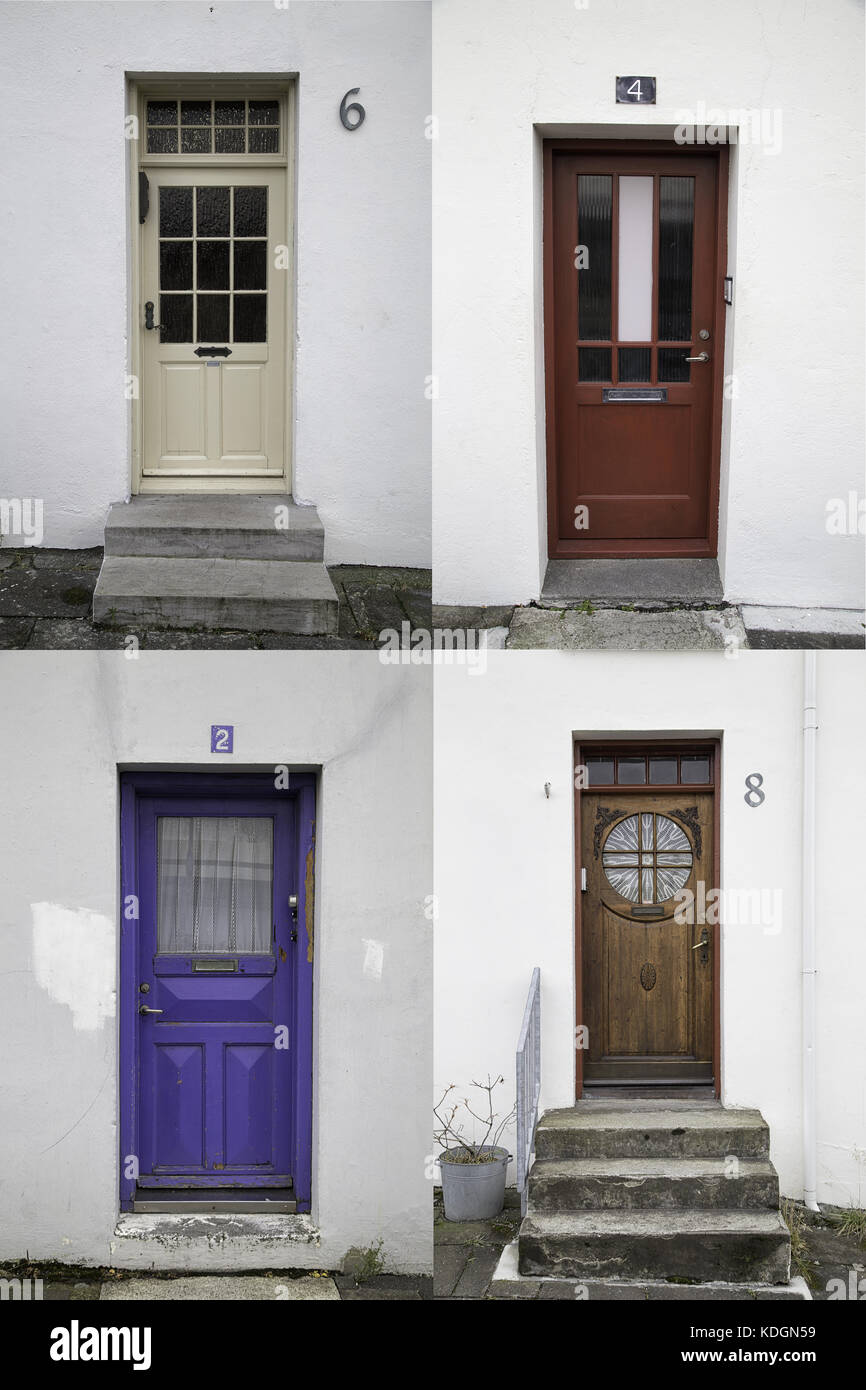 Collage de bois quatre portes avant à Reykjavik, Islande Banque D'Images