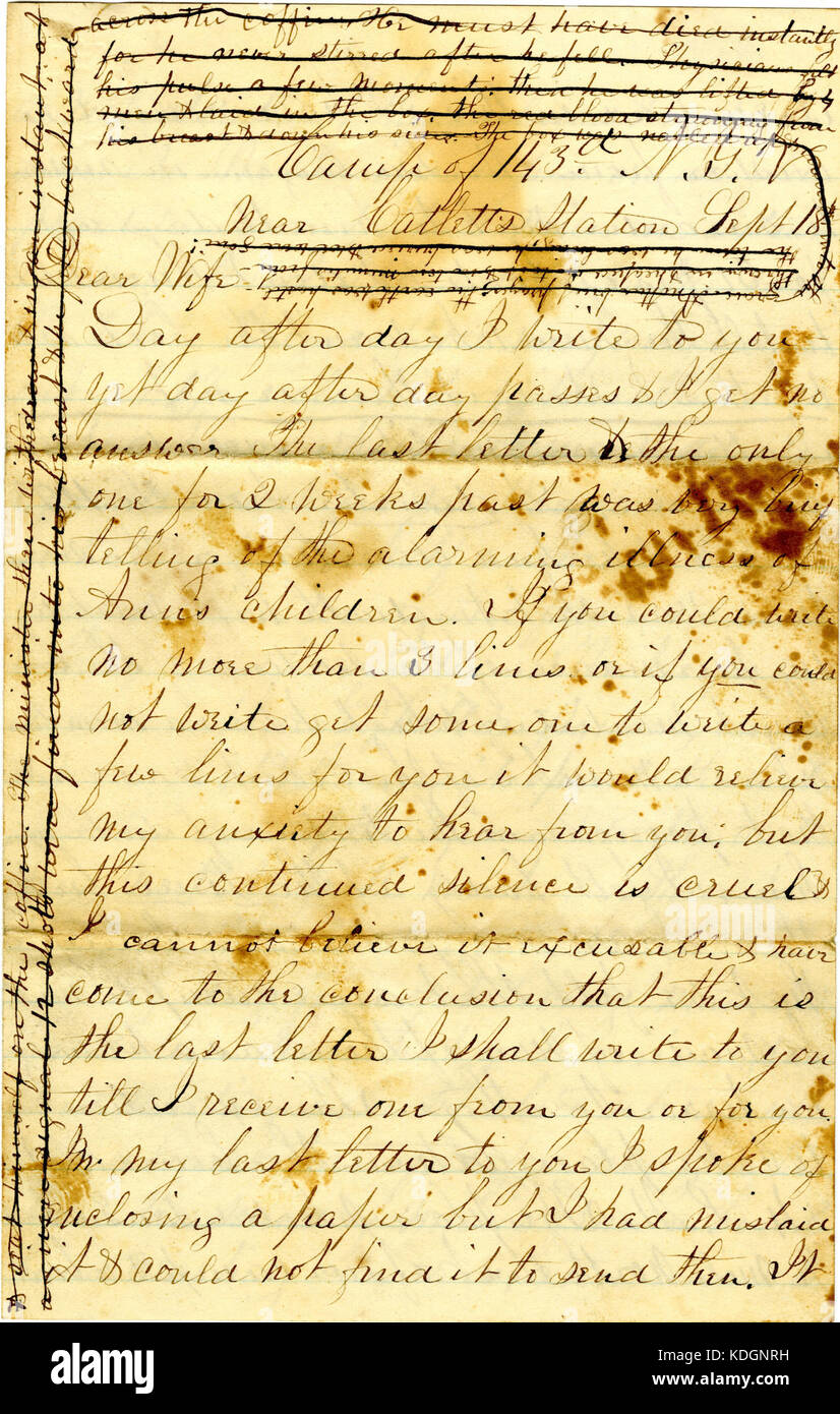 (Lettre de William S. Moffat), camp de 143e dans l'État de New York, près de Catlett's Station, à sa femme (Matilde B. Moffat), Dryden, Tompkins Co., New York, le 18 septembre 1863 Banque D'Images