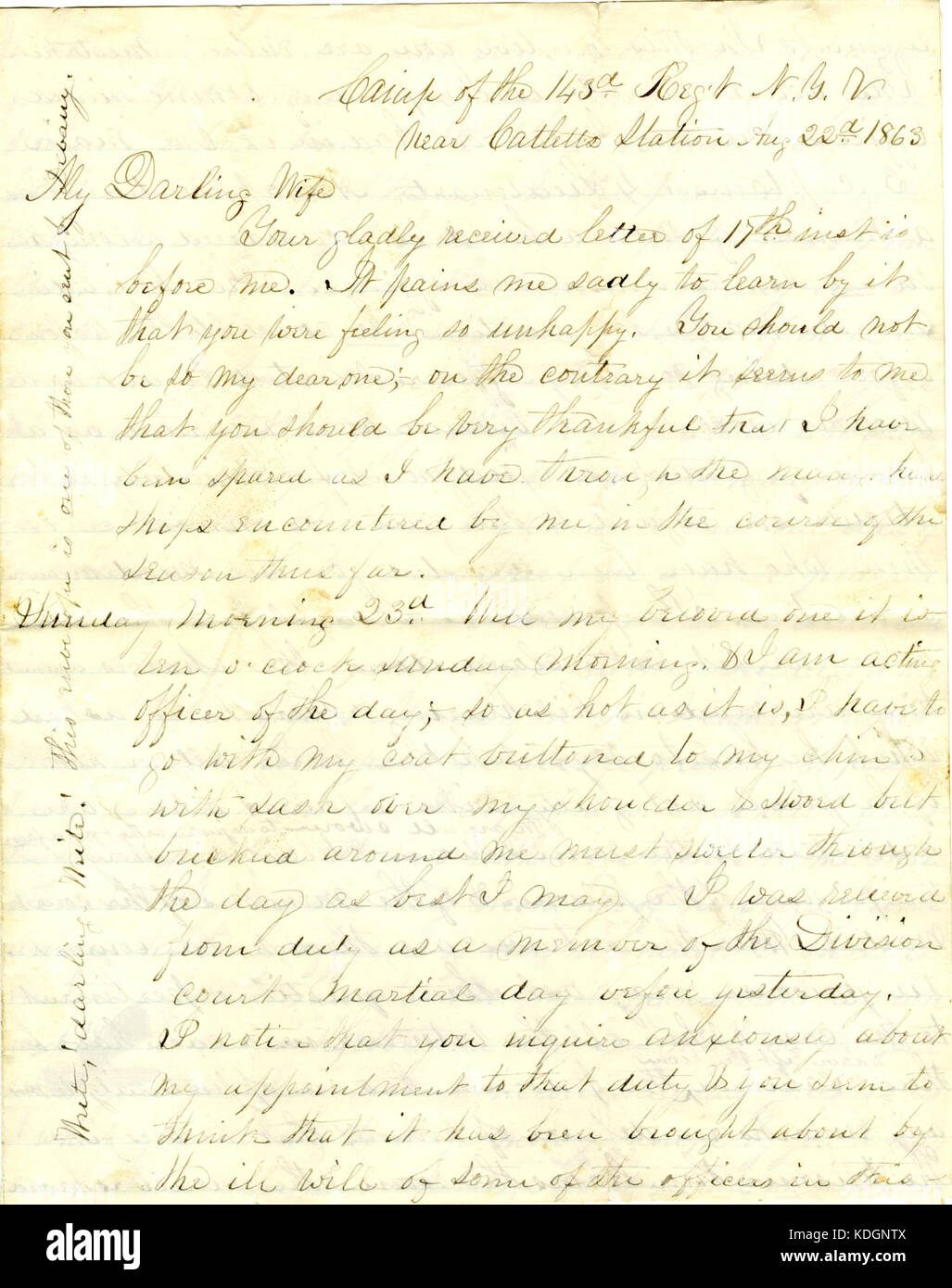 Lettre signée William (William S. Moffat), camp de la 143e régiment de New York, près de Catlett's Station, à sa femme (Matilde B. Moffat), août 2223, 1863 Banque D'Images