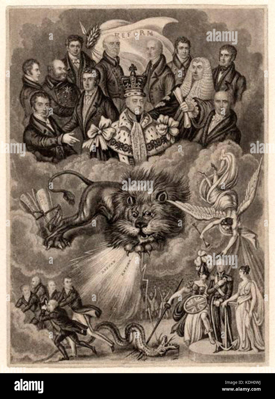 Cette caricature de l'ère de la Reform Act de 1832 sert d'allégorie, représentant des thèmes sociaux et politiques avec une représentation symbolique d'animaux, de couronnes et de portraits de groupe. Il reflète les sentiments et le climat politique de l'époque. Banque D'Images