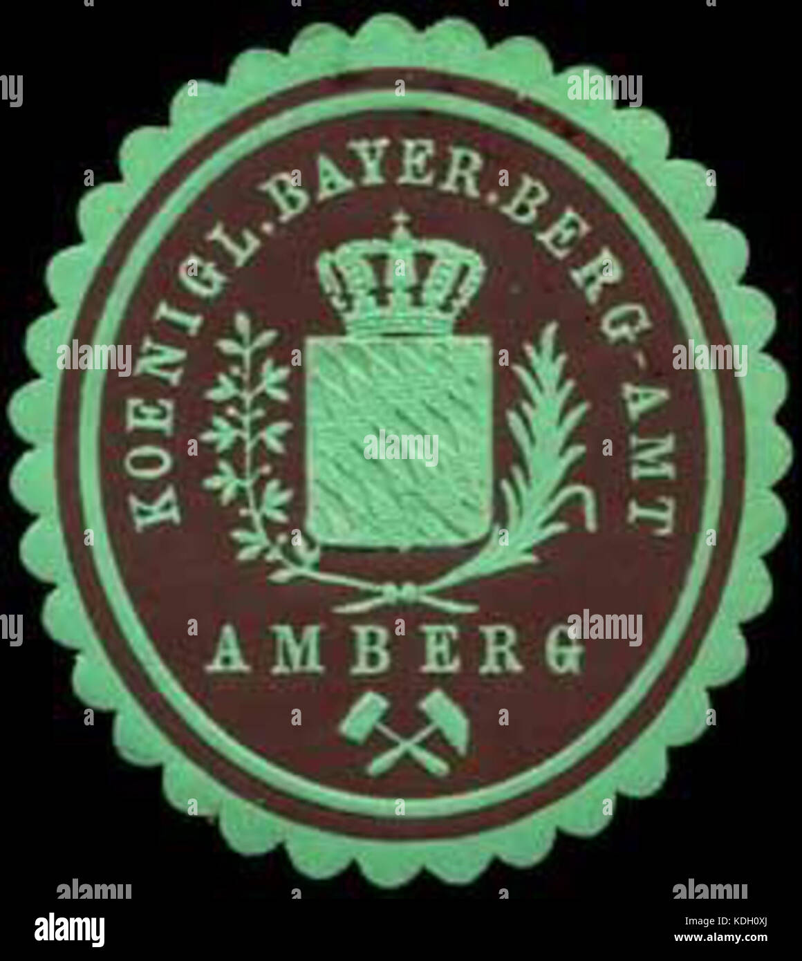 Le Siegelmarke Koeniglich Bayerische Berg AMT Amberg W0240605 est un sceau historique utilisé par le Royal Bavarian Mining Office à Amberg, reflétant le patrimoine minier et industriel de la région. Banque D'Images
