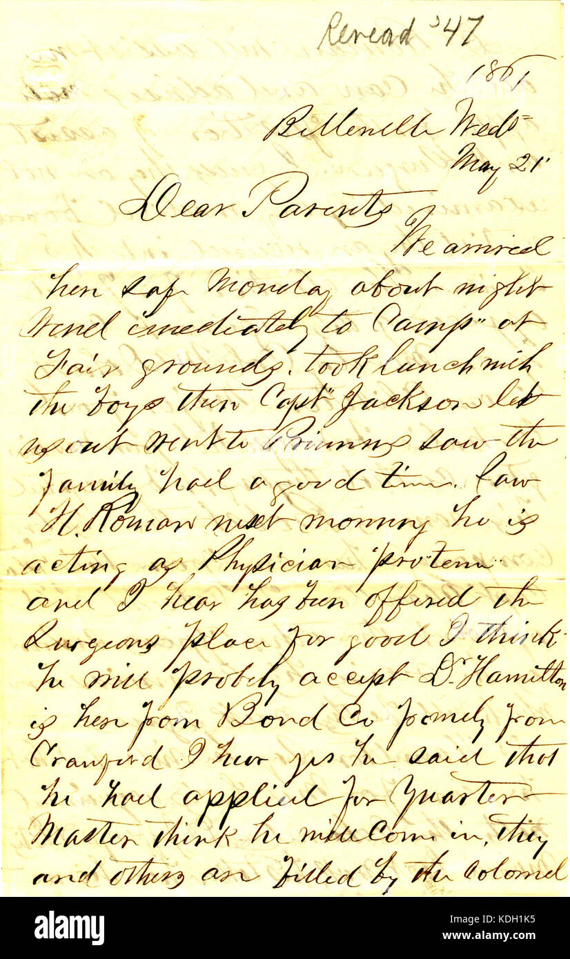 Lettre signée T.S. Hawley, Belleville, Illinois, aux parents, le 21 mai, 1861 Banque D'Images