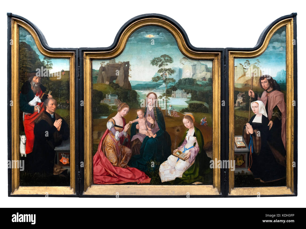 Triptyque intitulé Madonna avec les saints Catherine et Barbara par le maître du Saint-sang (actif 1500-1520), huile sur panneau, c.1509-1529. Banque D'Images