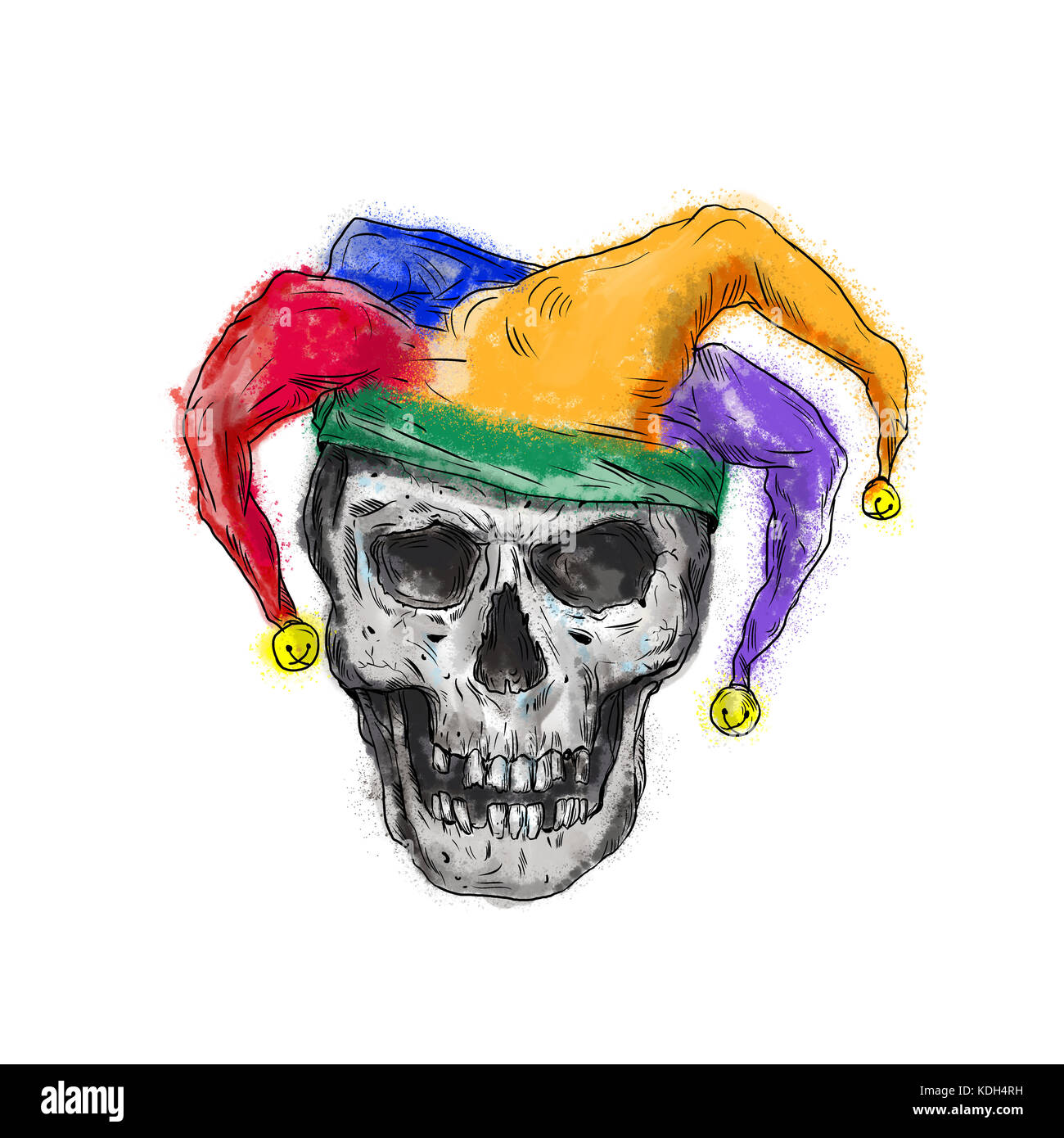 Illustration de style tatouage d'un crâne de la ville médiévale de fou rire  avec dents manquantes portant un chapeau excentrique avec des cloches vue  de l'avant sur l'iso Photo Stock - Alamy