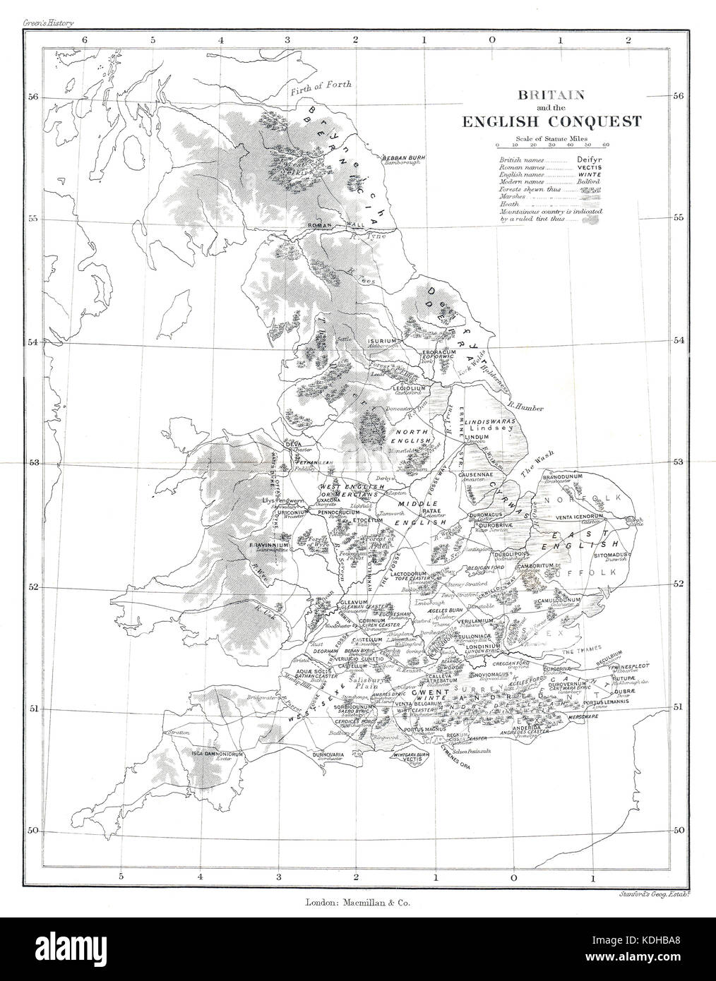 La carte d'Angleterre et la conquête anglaise. montrant l'évolution de la carte du pays après le départ des Romains et l'invasion par les angles au 5ème siècle. Banque D'Images