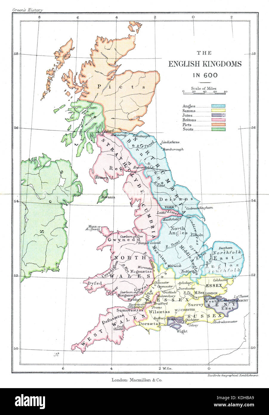 Carte de l'anglais en royaumes ad 600 Banque D'Images