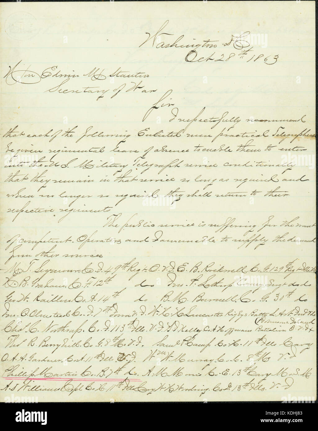 Lettre signée Colonel Agille, Washington, D.C., pour Edwin M. Stanton, secrétaire de la guerre, le 28 octobre 1863 Banque D'Images