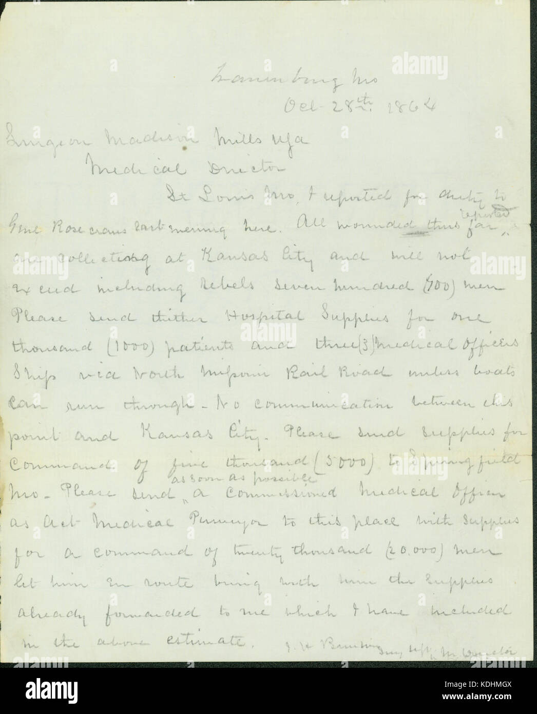 Lettre signée J.H. Brinton, Warrensburg, Mo., chirurgien à Madison Mills, directeur médical, Saint Louis, Mo., Octobre 28, 1864 Banque D'Images