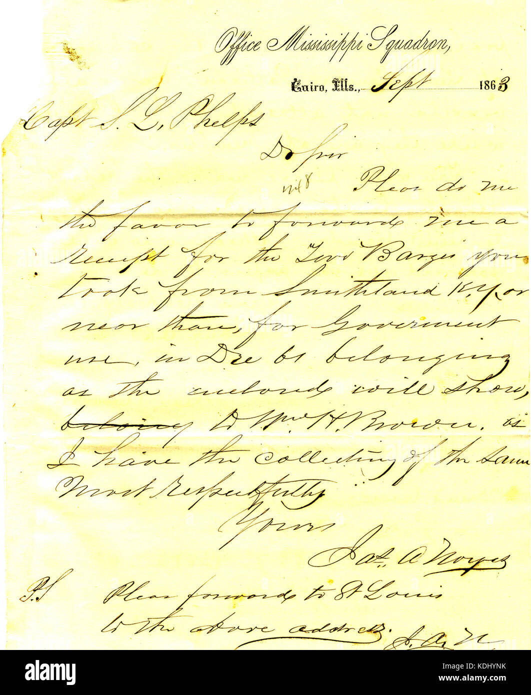 Lettre de James A. Noyes, Cairo, Illinois, à Seth Ledyard Phelps, Septembre 1863 Banque D'Images