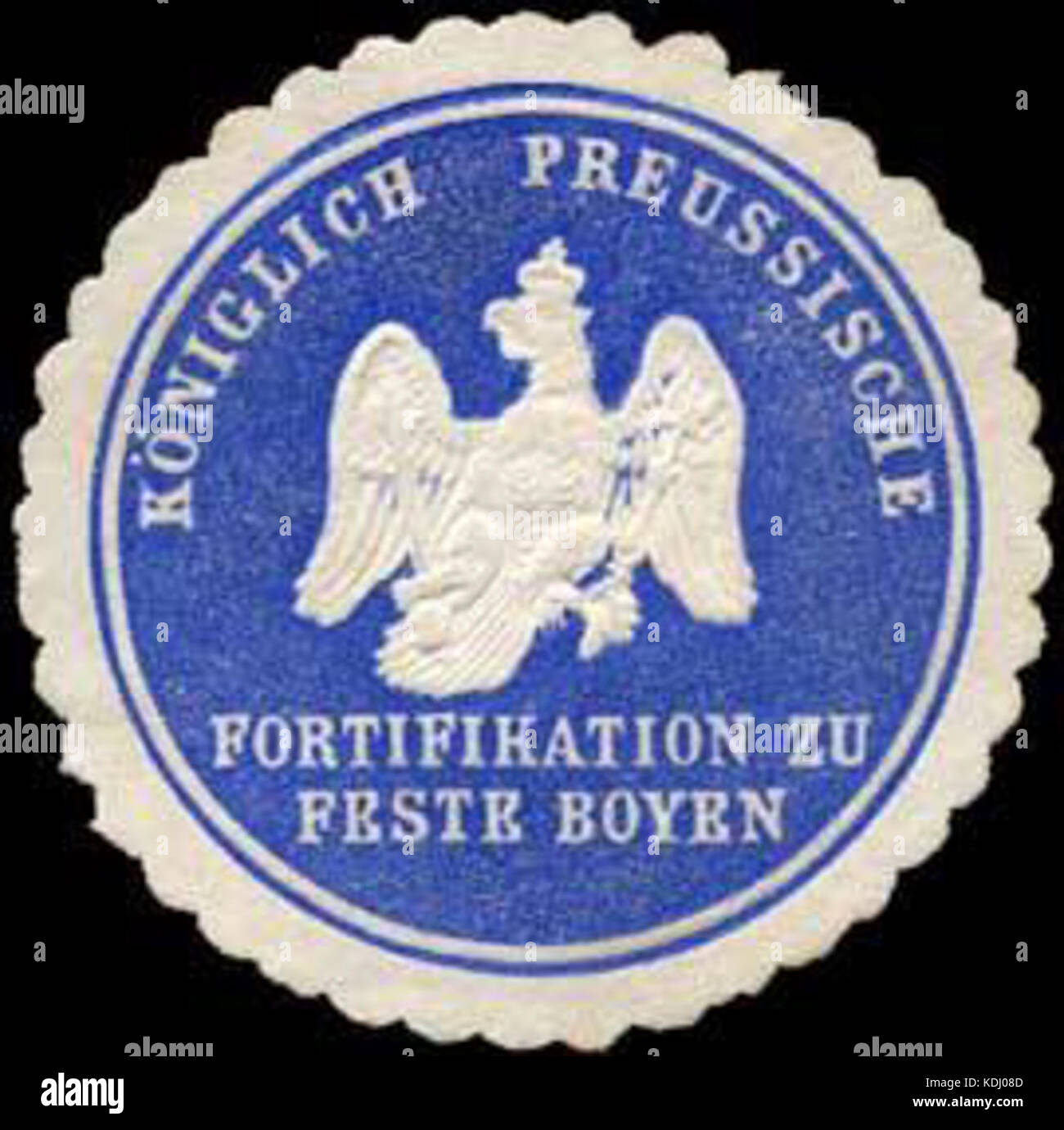 Un Siegelmarke historique (sceau) du K.Pr. Fortifikation zu Feste Boyen, associée à une fortification militaire en Prusse orientale, reflétant son utilisation dans la documentation officielle et dans les contextes militaires. Banque D'Images