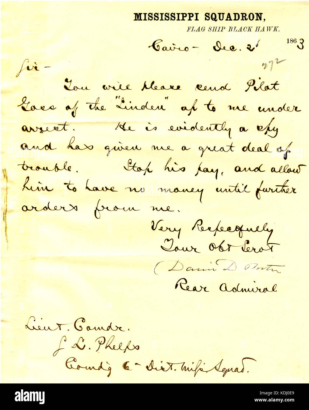 Lettre de David D. Porter, U. S. S. Black Hawk, Cairo, Illinois, à Seth Ledyard Phelps, le 2 décembre 1863 Banque D'Images