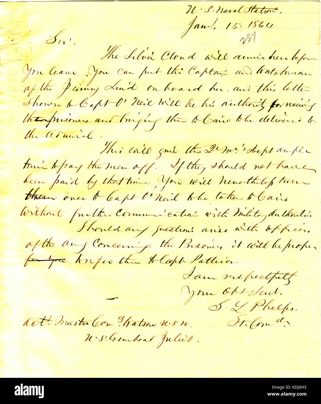 Lettre de Seth Ledyard Phelps, U.S. Naval Station, à J.S. Watson, U.S.S. Juliette, le 15 janvier 1864 Banque D'Images
