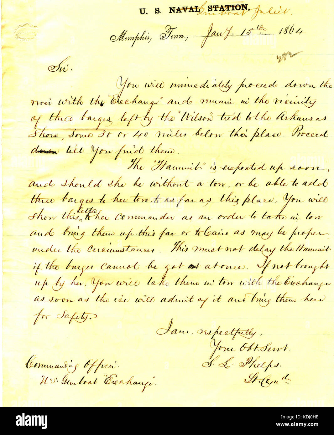 Lettre de Seth Ledyard Phelps, U.S. Naval Station, Memphis, Tennessee, de commandant de l'U. de S. S. change, le 15 janvier, 1864 Banque D'Images