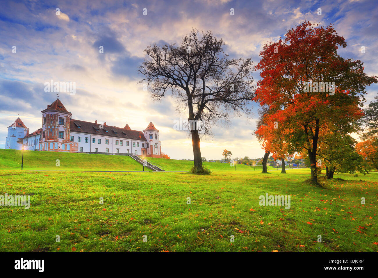 Scène d'automne. ensemble du château de Mir en soirée d'automne. beau parc de l'automne avec l'érable. Banque D'Images