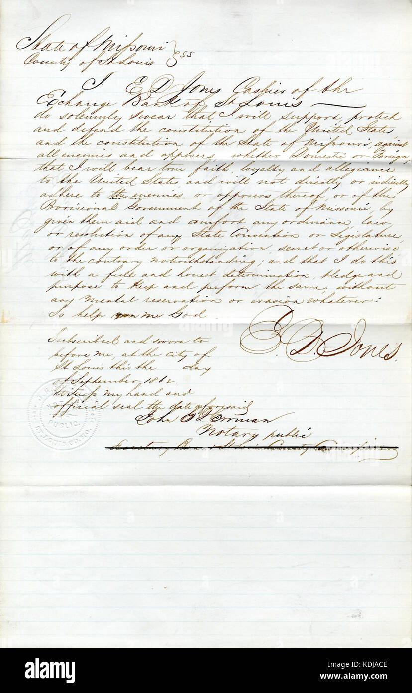 Un document historique contenant le serment de loyauté de EDW. D. Jones, une figure du comté de Louis du Missouri pendant la guerre de Sécession. Ce serment était un serment formel d'allégeance à la cause de l'Union. Banque D'Images